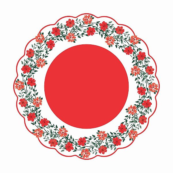 Folha Poli Redondo Floreado Vermelho 48cm - 50 Un