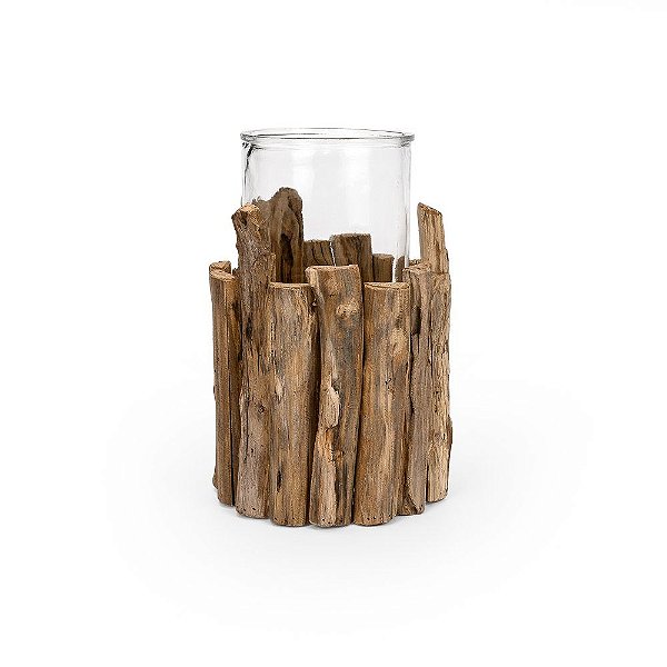 Vaso Vidro com Lascas de Madeira Rústico G 20x20x32cm - 1 Un
