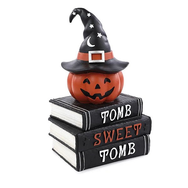 Enfeite de Resina Abóbora com Livros Noites do Terror 23cm - 1 Un