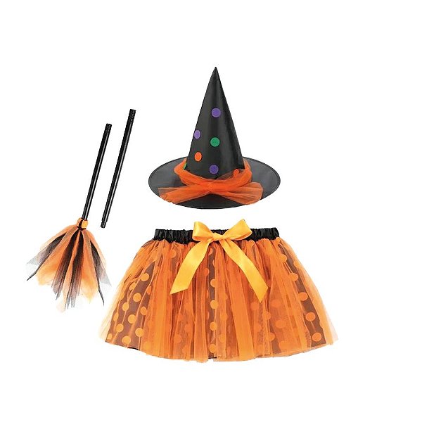 Kit Fantasia Halloween Infantil - Bruxinha Poá Laranja - 3 Peças