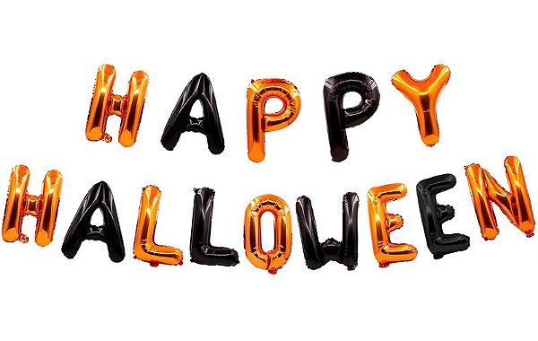 Balão Metalizado Happy Halloween Canudo 40cm - Kit Com 14 Un