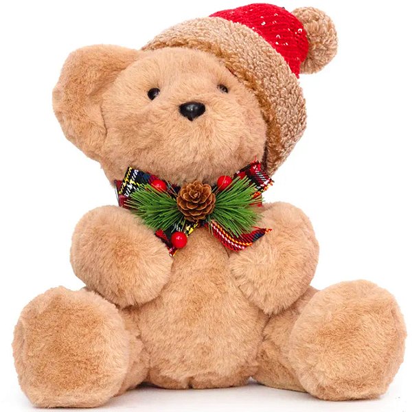 Urso com Gorro e Laço no Pescoço Noite Feliz 25cm - 1 Un