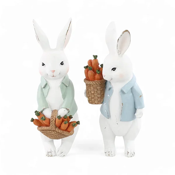 Coelho Decorativo de Resina com Cesta Cenouras Flower 21,7cm - 2 Un