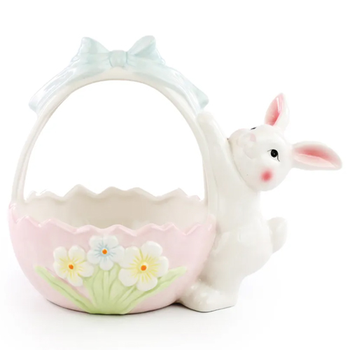 Coelho Decorativo de Cerâmica Cesta Florida com Alça 17,5x19,5x12cm - 1 Un