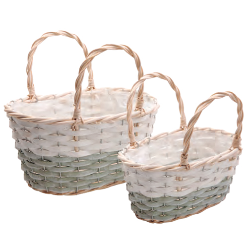 Cestas Decorativas Oval de Bambu com Alça Vede/Branco/Cru - Jogo com 2 Un