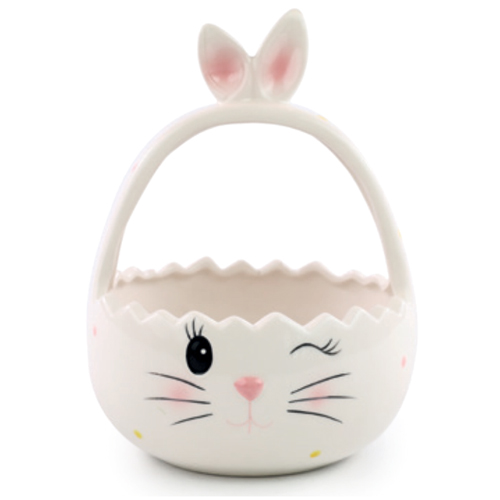 Cesta Decorativa de Cerâmica com Alça Coelho Branco 19,8x15x14,3cm - 1 Un