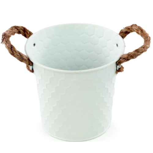 Balde Metal Texturizado Alças de Corda 12x13x13cm Branco - 1 Un