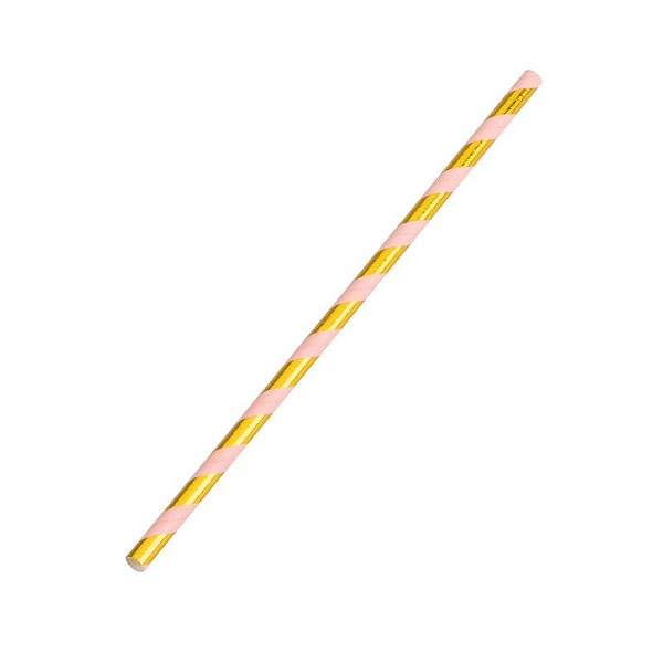Canudo Papel Listrado Dourada com Rosa - 12 Un