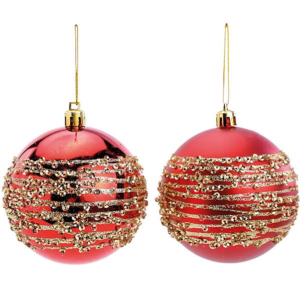 Bola de Natal com Glitter Vermelho Ouro 8cm - 6 Un
