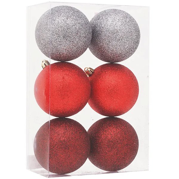 Bola de Natal Glitter Sortido Vinho, Vermelho e Cinza 8cm - 6 Un