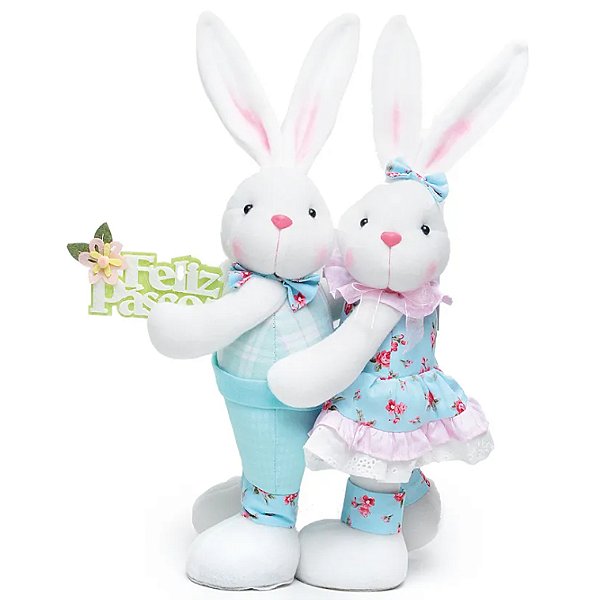 Coelho Decorativo Abraçados Florido Acqua 40cm - 1 Un