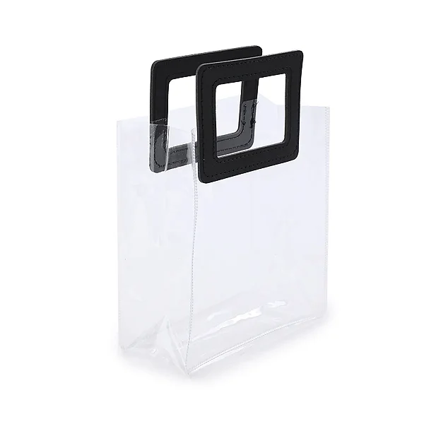 Kit Sacola PVC Alça Retangular Transparente e Preta 24x21x11cm - 10 Un