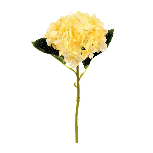 Flores Decorativas Permanentes - Hortênsia com Folhas 37cm Amarelo/Verde - 6 Hastes