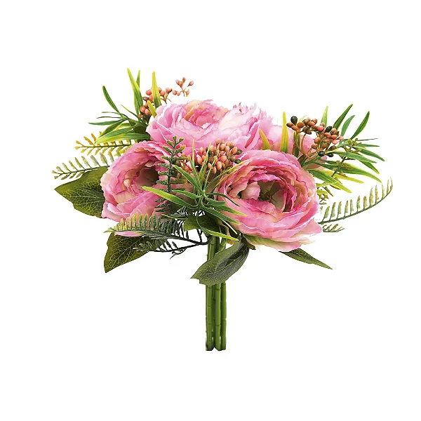 Flores Decorativas Permanentes - Ramalhete Ranúnculo 30cm Rosa Claro/Verde - 6 Ramalhetes