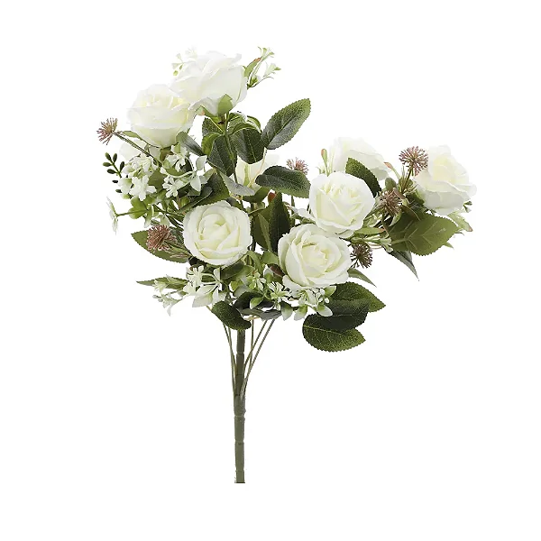 Flores Decorativas Permanentes - Buquê de Rosas X9 47cm Branco - 1 Buquê