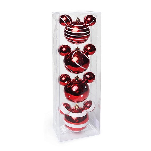 Natal Disney - Bola Listras e Poá Vermelho e Branco 8cm - 4 Un