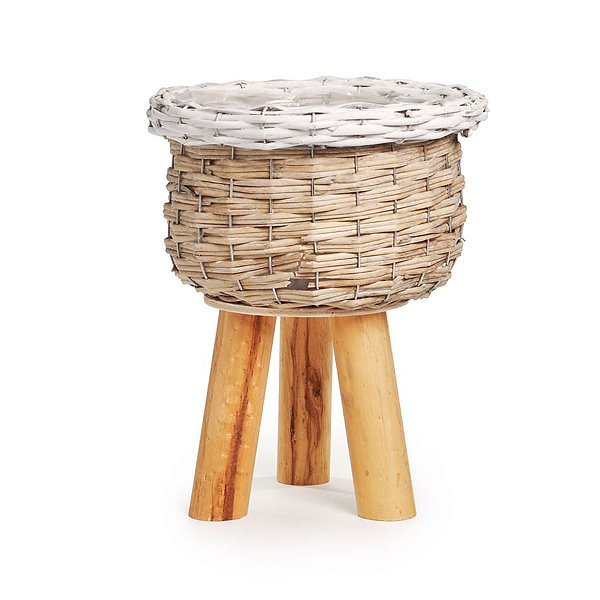 Cesta de Vime Natural com Borda de Vime Branco, em Base Pés de Madeira. Tamanho M