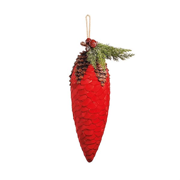 Enfeite para Pendurar com Pinha Oval Vermelho e Marfim 45 cm