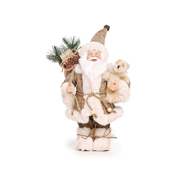 Boneco de Papai Noel Rústico Segurando Urso Bege de 35cm