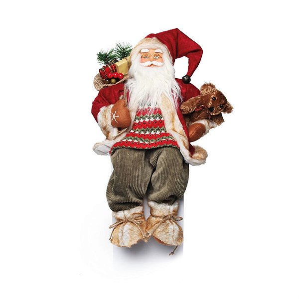 Boneco de Papai Noel Sentado Segurando Urso Vermelho e Verde de 46cm