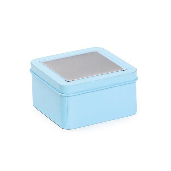 Latinha de Metal Quadrada com Visor Azul Claro 8,5x8,5