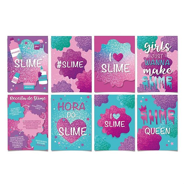 Festa Slime - Cartaz Decorativo Slime Sortido 25x35 - 8 Peças