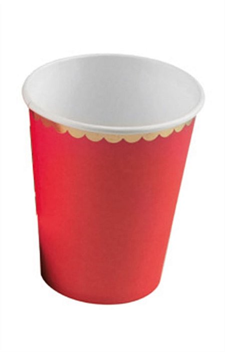 Copo de Papel 270ml Vermelho com Borda Dourada - 10 Un