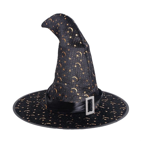Chapéu Bruxa Cinto com Lua Preto e Ouro 35X35X35
