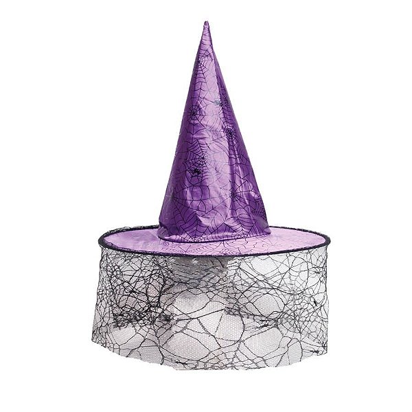 Chapéu Bruxa com Teia e Véu Roxo e Preto 35X35X35