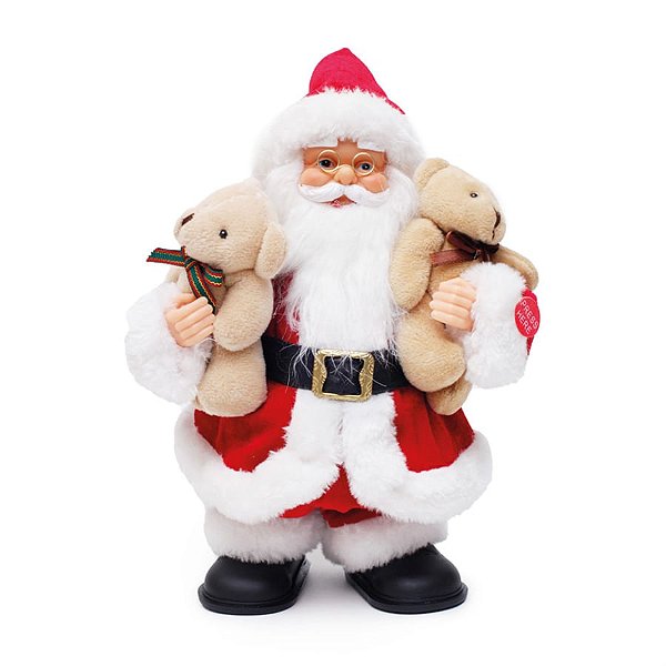 Boneco de Papai Noel com Urso Vermelho e Branco 3 Pilas AA de 26cm