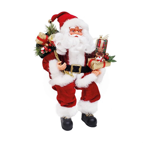 Boneco de Papai Noel Sentado com Presente Vermelho e Branco de 25cm