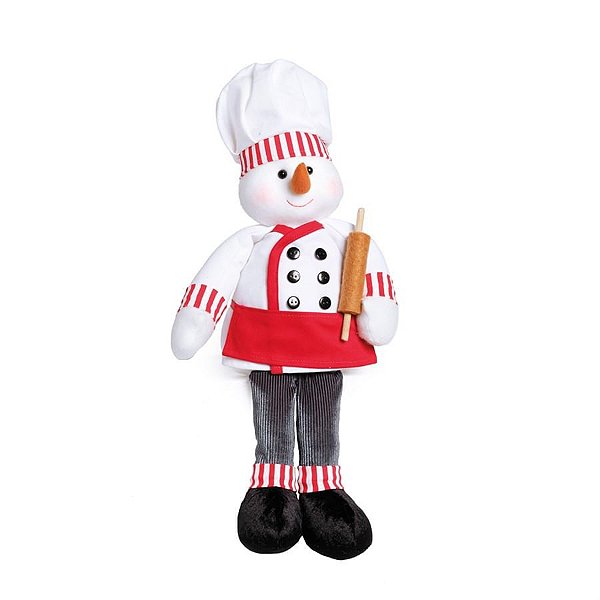 Boneco Neve Cozinheiro Perna Comprida Vermelho e Cinza e Branco