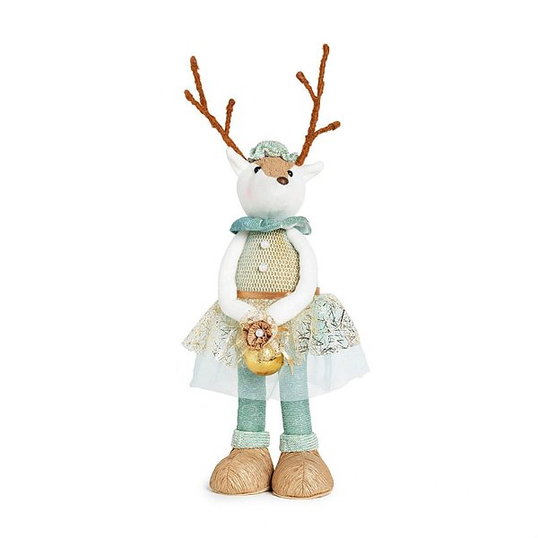 Rena de Natal em Pé com Vestido Azul Pastel e Ouro 42cm