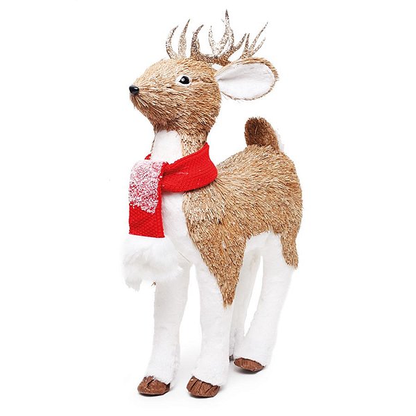 Rena de Natal Crespinha com Cachecol Bege e Branco e Vermelho 53cm