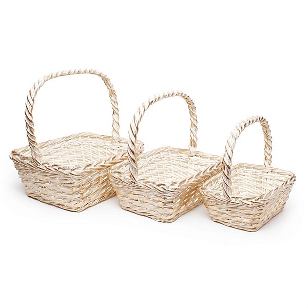 Cesta 3 Tamanhos Quadrado Madeira Vime Creme e Ouro P / M / G - 3 Un