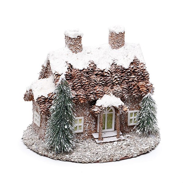 Casinha Nevada Telhado de Pinha / 2 Chaminés Marrom e Branco - 1 Unidade