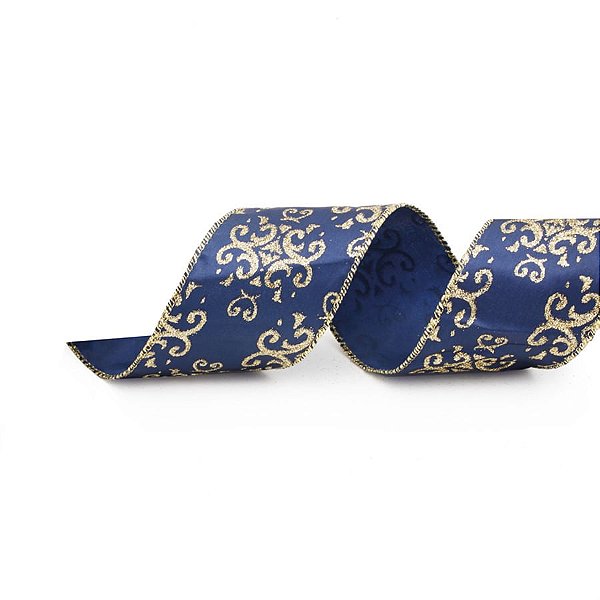 Fita de Natal Arabesco Azul Marinho e Ouro 6,3cmx914cm - 1 Un