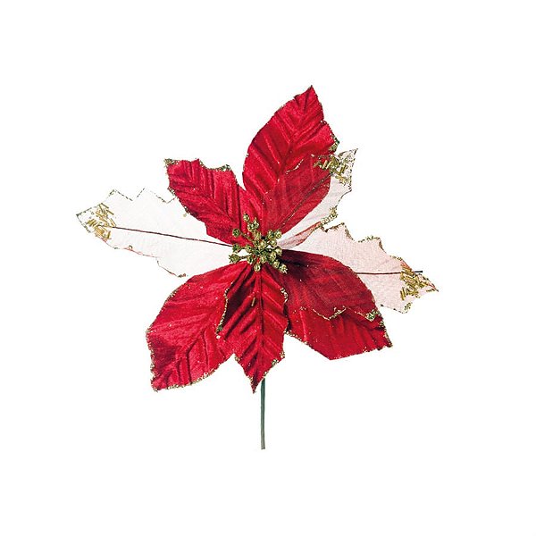 Poinsettia de Veludo Vermelho e Ouro (Flores Cabo Curto)