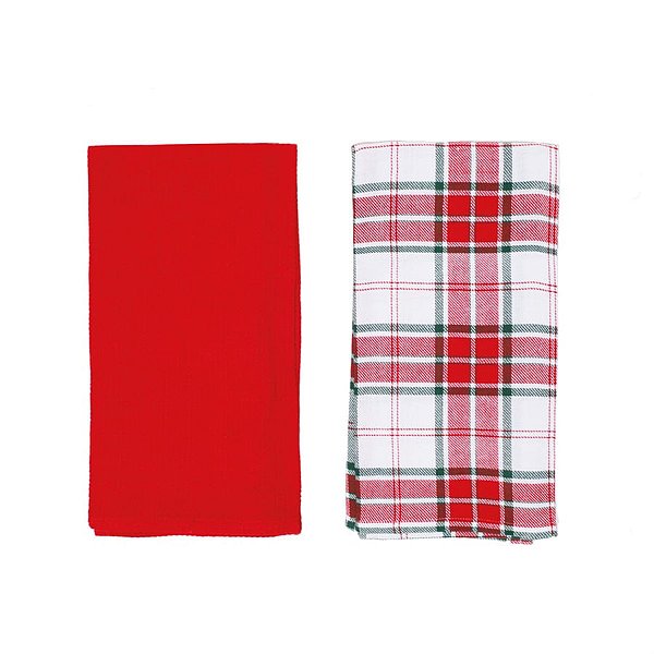 Pano de Copa Xadrez e Liso Vermelho e Branco - 2 Peças