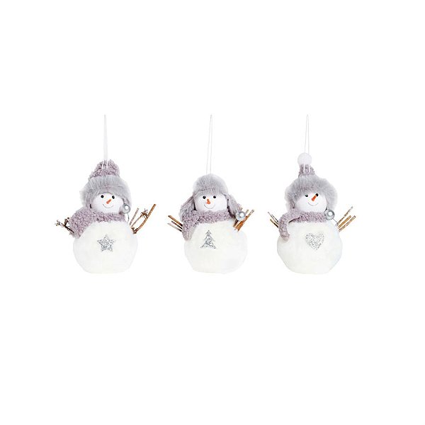 Enfeite para Pendurar - Boneco de Neve com Gorro Branco e Cinza - 3 Un