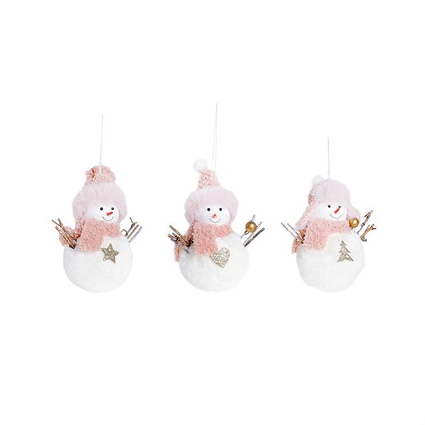 Enfeite para Pendurar - Boneco de Neve com Gorro Branco e Rosa Claro - 6 Un