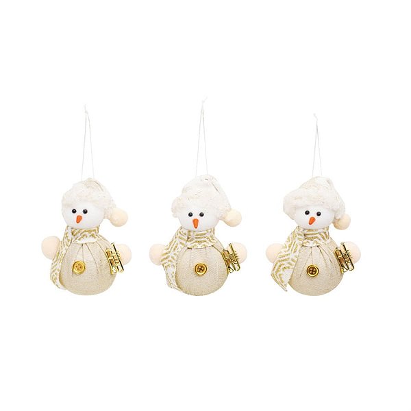 Enfeite para Pendurar - Boneco de Neve Bolinha Ouro e Branco - 3 Peças