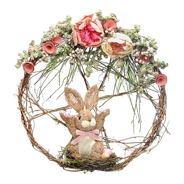 Guirlanda Coelho em Ninho Coral / Marrom 35cm 32x32x5