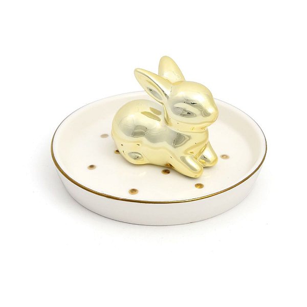 Mini Prato de Cerâmica Coelho Branco e Ouro 6x10x10cm - 6 Un