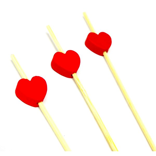 Palito em Bambu Para Petiscos 12cm Corações Vermelho - 20 Un