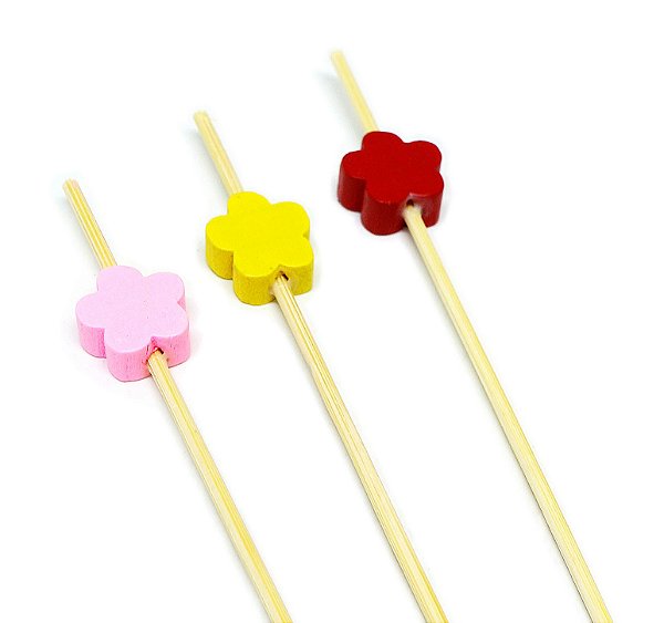 Palito em Bambu Para Petiscos 12cm Estrela Flor Colorido - 20 Un