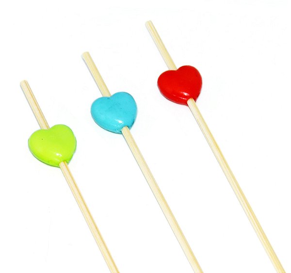Palito em Bambu Para Petiscos 12cm Corações Colorido - 20 Un