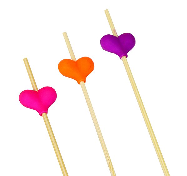 Palito em Bambu Para Petiscos 12cm Corações Color - 20 Un