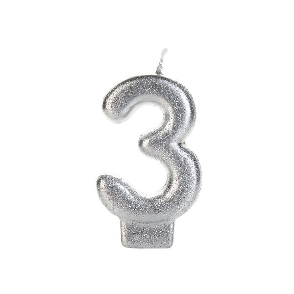 Vela Prateada Glitter Número 3