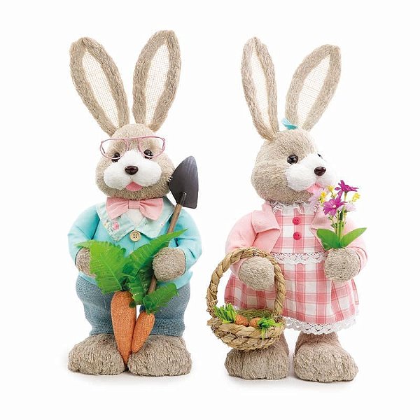 Casal de Coelhos Decorativo Cinza e Rosa e Verde 50x20x17 - 2 Un